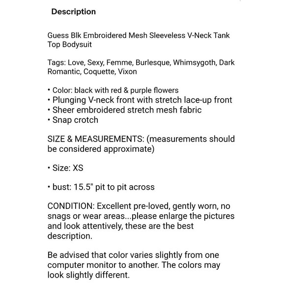 Guess Black Embroidered Mesh Sleeveless V-Neck Thong Bodysuit Top  XS  Lace-Up - Picture 7 of 7